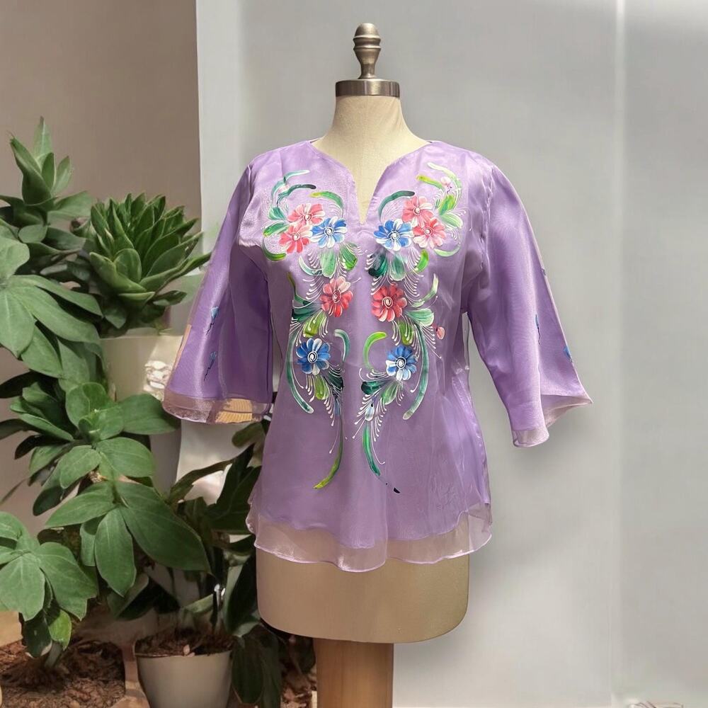 Handpainted Kimona Blouse Silk Florals Lined Filipiniana Purple Size XL